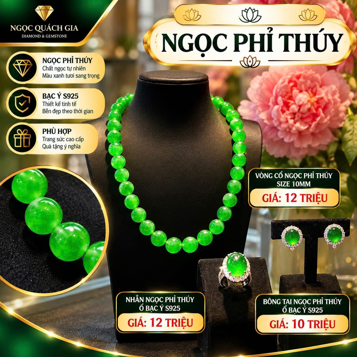 Bộ Trang Sức Ngọc Phỉ Thúy Bạc Ý S925 - ảnh 1