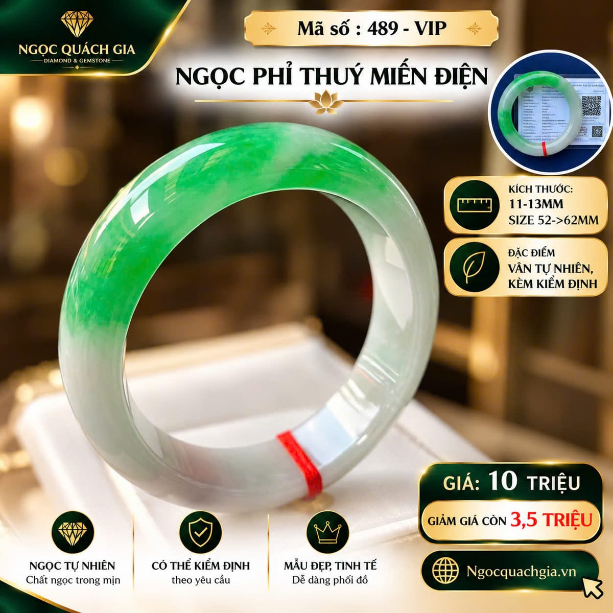 Vòng Ngọc Phỉ Thuý Miến Điện Điểm Hoa Xanh (Mã 489 - VIP) - ảnh 1