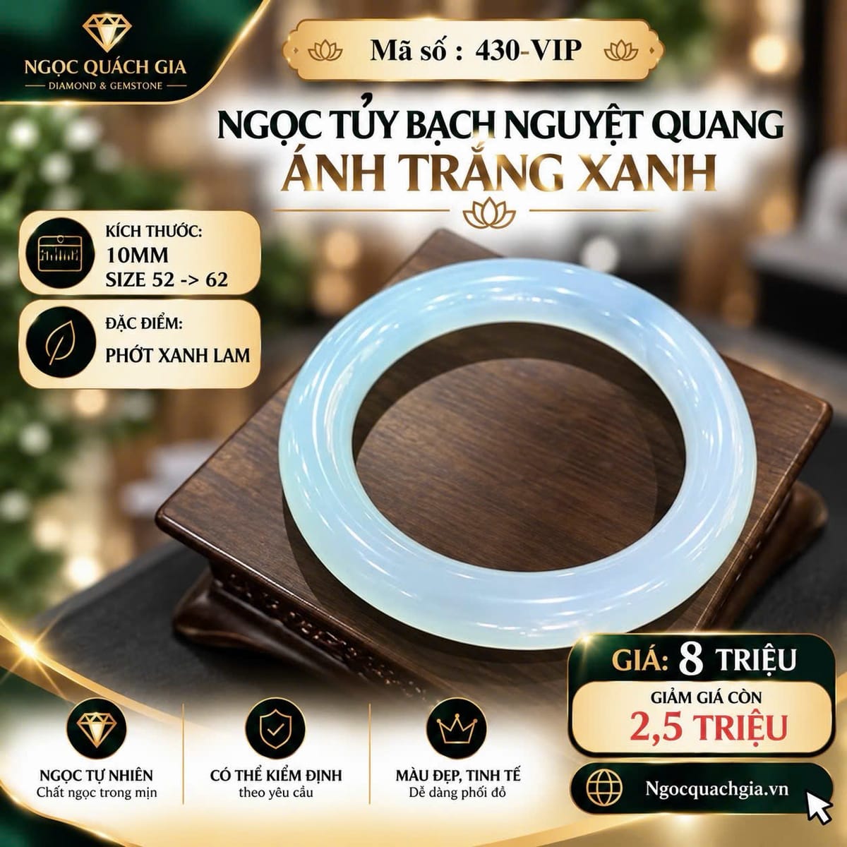 Vòng Ngọc Tủy Bạch Nguyệt Quang Ánh Trắng Xanh - Mã 430-VIP - ảnh 1