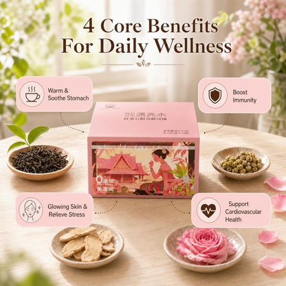 organic black tea with Dendrobium, Polygonatum and rose — dried rose petals beside the tea blend