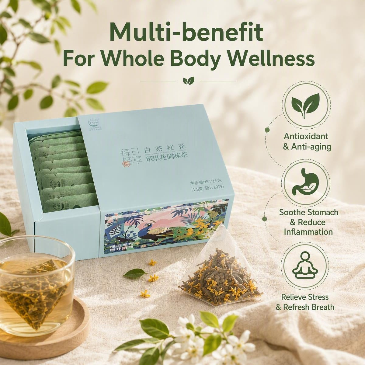 organic white tea with osmanthus and daidai flower — tea bag steeping in a glass cup