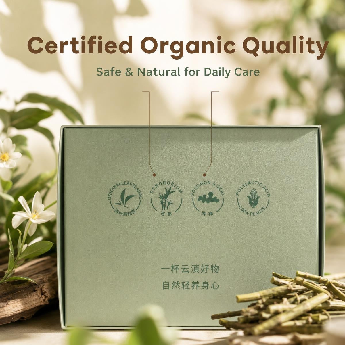 organic Pu'er wellness tea with Dendrobium and Polygonatum — hand holding a single wrapped tea bag