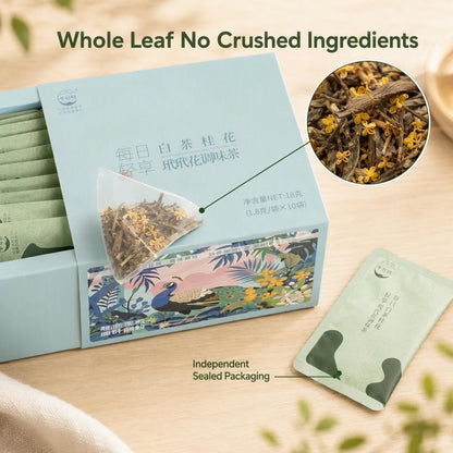organic white tea with osmanthus and daidai flower — front label with USDA and China organic certification
