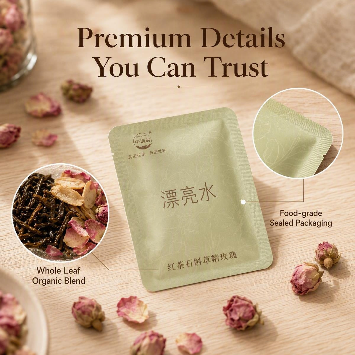 organic black tea with Dendrobium, Polygonatum and rose — side view of the tea box