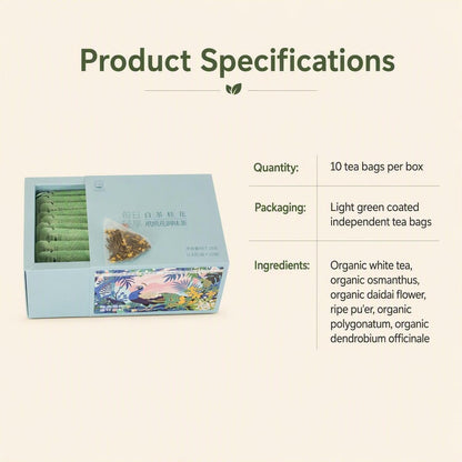 organic white tea with osmanthus and daidai flower — side view of the tea box