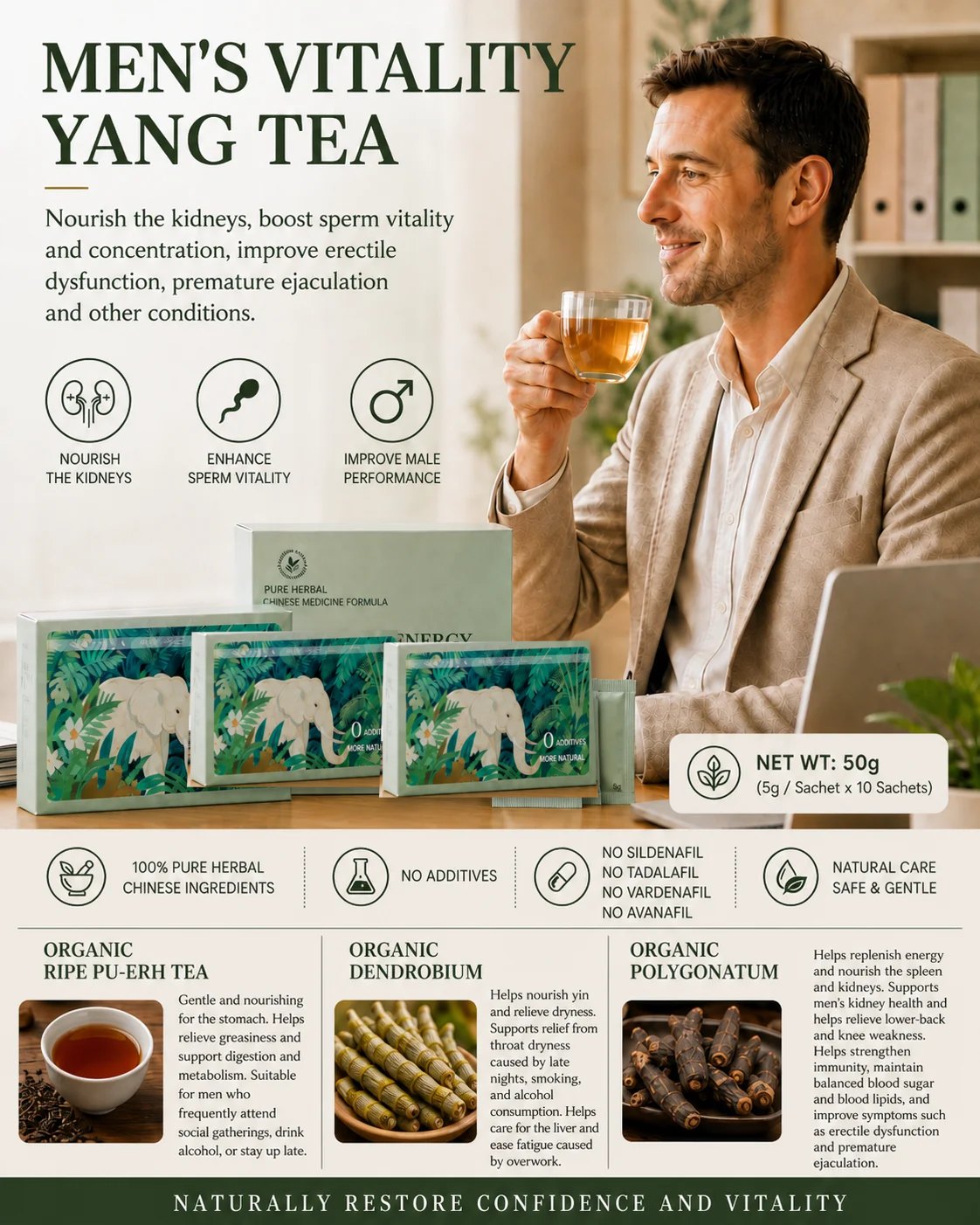 organic Pu'er wellness tea with Dendrobium and Polygonatum — close-up of the loose tea blend