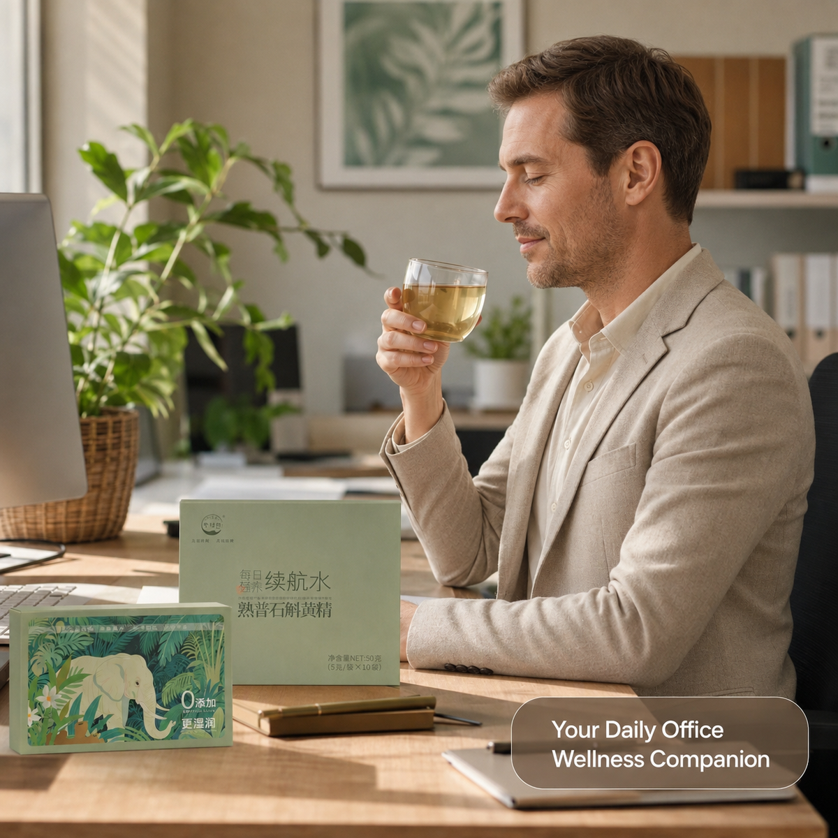 organic Pu'er wellness tea with Dendrobium and Polygonatum — tea leaves and dendrobium stems beside the box