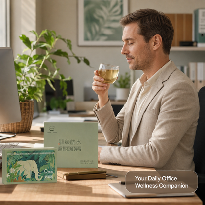 organic Pu'er wellness tea with Dendrobium and Polygonatum — tea leaves and dendrobium stems beside the box
