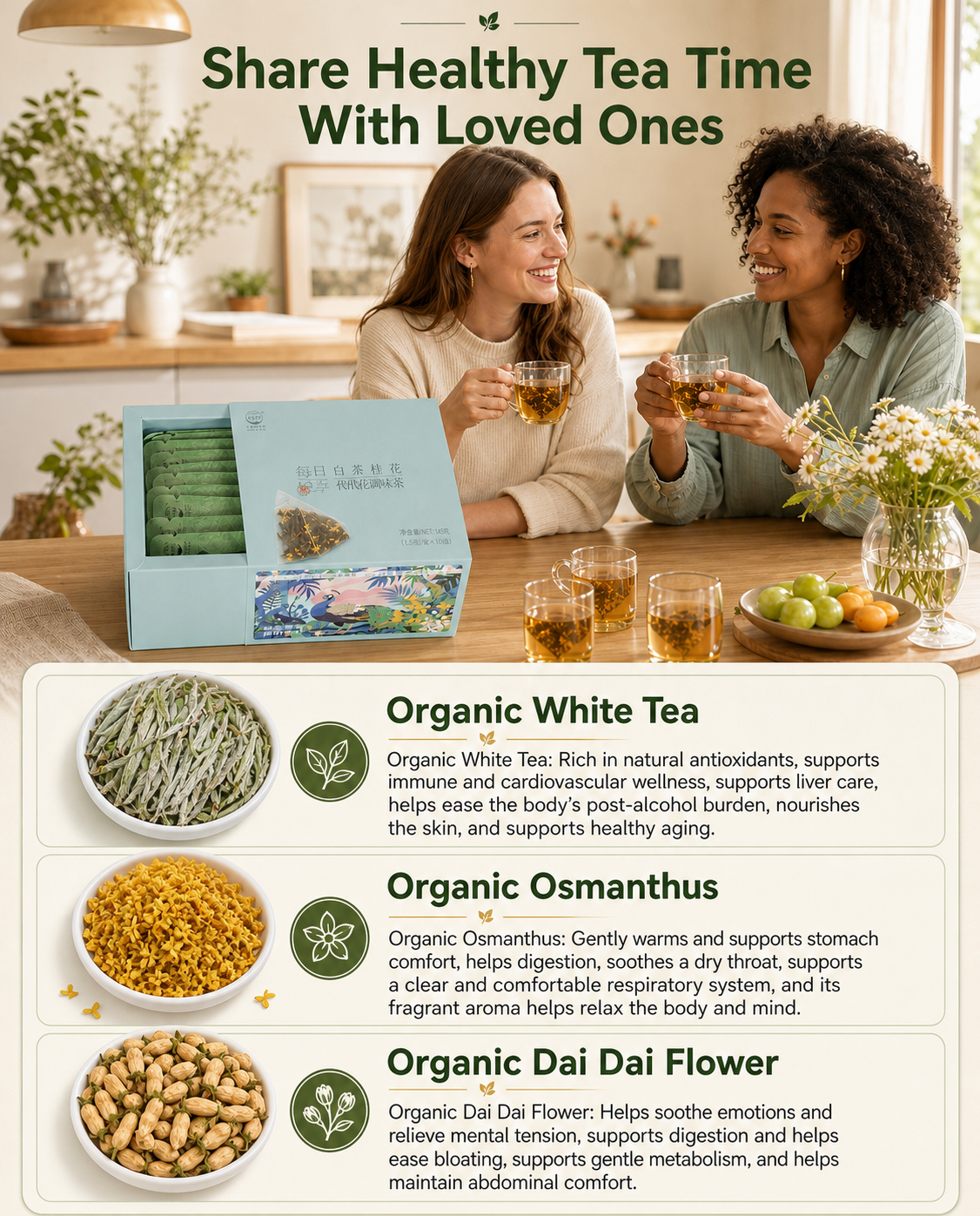 organic white tea with osmanthus and daidai flower — sealed box of 10 individually wrapped tea bags