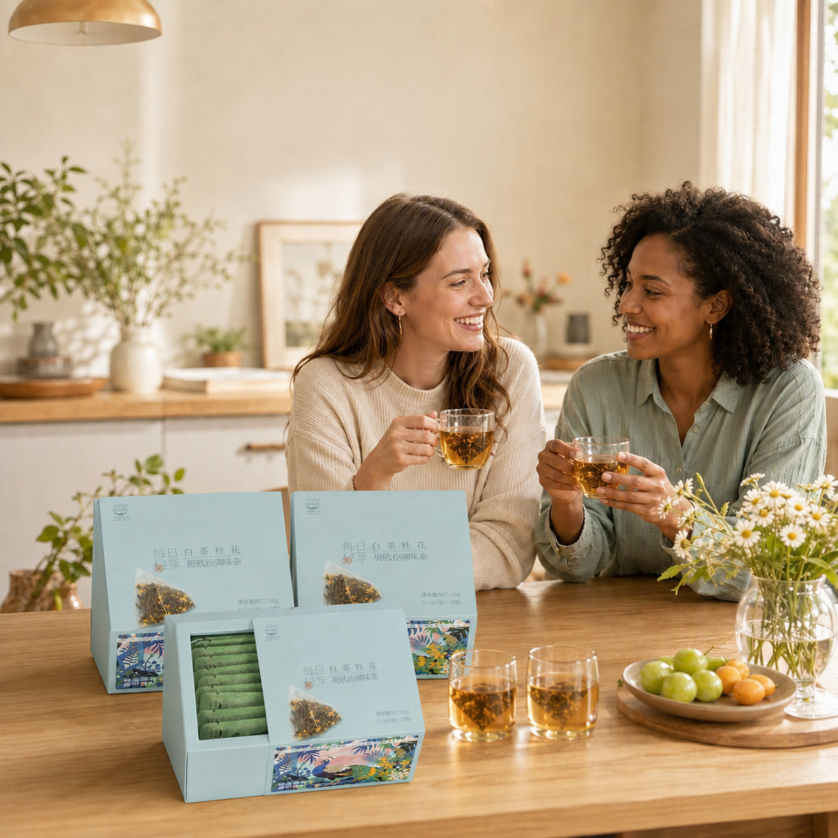 organic white tea with osmanthus and daidai flower — cup of white tea beside the open box