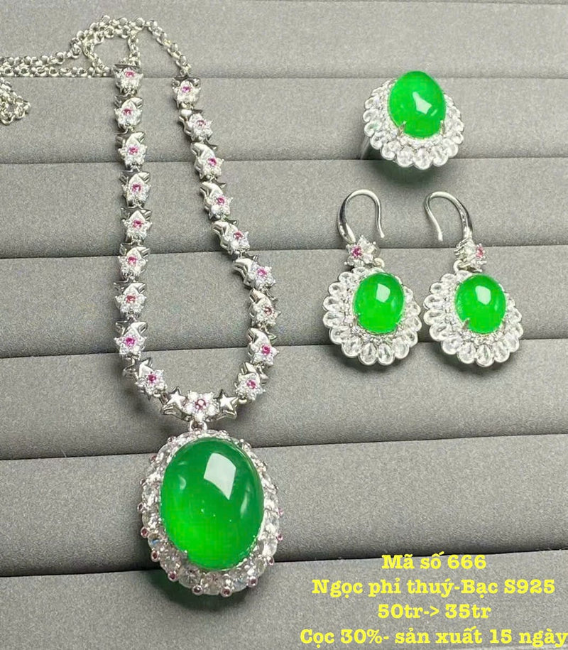 Bộ Trang Sức Ngọc Phỉ Thúy Xanh Lý Ổ Bạc S925 (Mã 666)