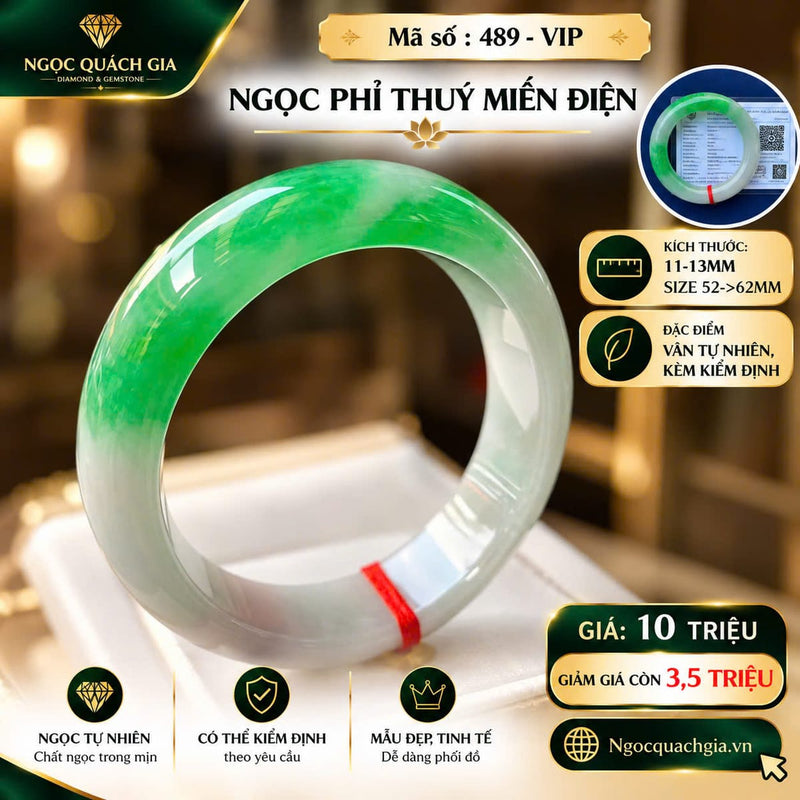 Vòng Ngọc Phỉ Thuý Miến Điện Điểm Hoa Xanh (Mã 489 - VIP)