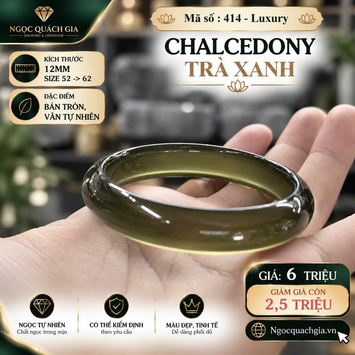 Vòng Ngọc Tủy Chalcedony Trà Xanh - Mã 414-Luxury - ảnh 1