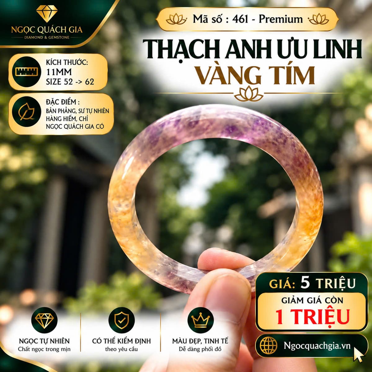 Vòng Thạch Anh Ưu Linh Vàng Tím - Mã 461-Premium - ảnh 1